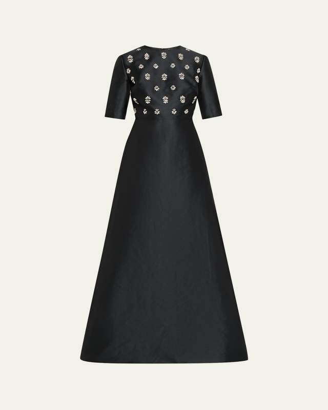 Embellished Mikado Silk Short-Sleeve Gown